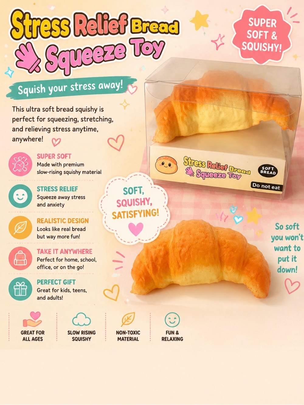 Stress Relief Bread Squeeze Toy - Soft Squishy Croissant 🥐